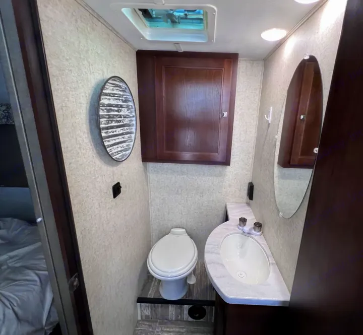 Compact RV rental bathroom with white toilet, sink, mirror, and cabinet. Ideal for road trips.. Forester LE 2020
