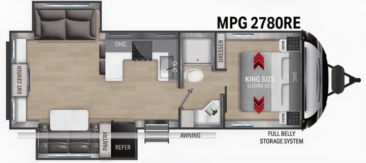 This MPG 2780RE RV floor plan, perfect for rv rental, reveals a king size sliding bed, kitchen, and living area layout.. Cruiser RV MPG Ultra Lite 2022
