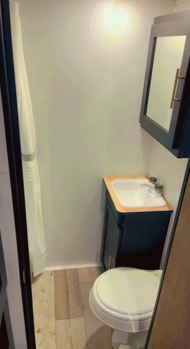 Compact RV rental bathroom featuring a white toilet, sink vanity, mirrored cabinet, and shower. Ideal for your mobile adventures.. Keystone RV Springdale 2022