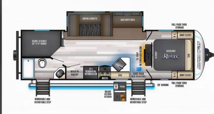Detailed RV rental travel trailer floor plan featuring bunk beds, queen bed, dinette, kitchen, and full bath layout.. Forest River Cherokee Alpha Wolf 2022