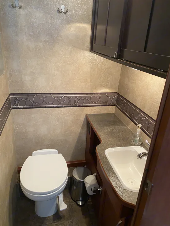Inside an RV rental: a compact bathroom featuring a toilet, sink with soap, countertop, and dark wood cabinets.. Winnebago Minnie Winnie 2015