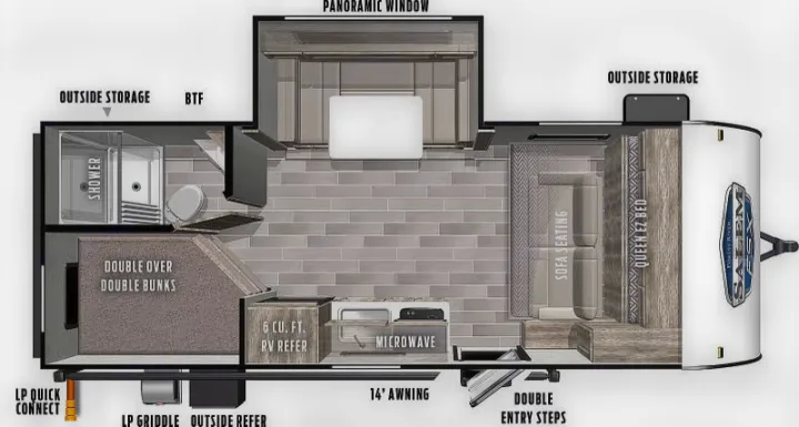 Explore this spacious RV rental floor plan featuring bunk beds, a queen bed, full kitchen, and bath, ideal for family trips.. Forest River Wildwood FSX 2021