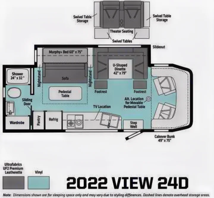Detailed 2022 VIEW 24D RV floor plan shows interior layout: Murphy bed, dinette, kitchen & bath. Great for rv rental selection.. Winnebago View 2025