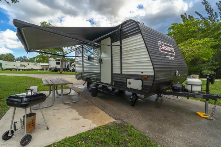 Exterior Storage, includes Exterior rug, Sewage box , auxiliary table, black tank cleaning tool, and jack tools. Coleman Lantern LT17B 2021