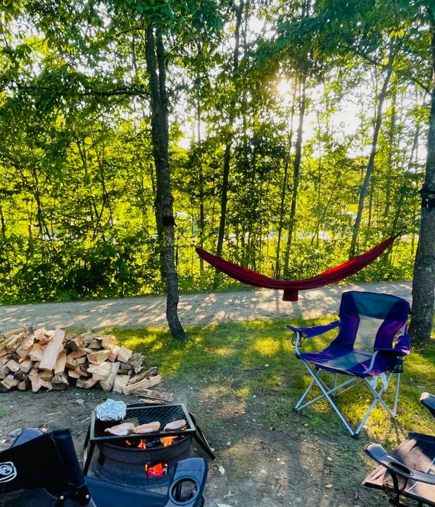 Sunny RV rental campsite: grilling food, ready firewood, comfy chairs, and a red hammock among green trees.. Thor Tiburon 2020
