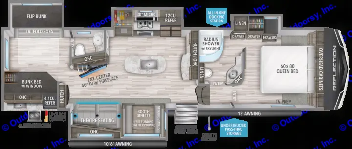 Detailed RV rental floor plan showcasing queen bed, bunk beds, kitchen, bath, theatre seating, and outdoor amenities.. Grand Design Reflection 2021