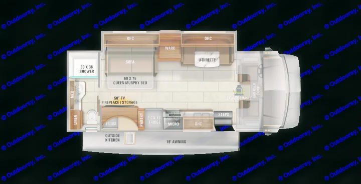 This RV rental floor plan displays a spacious motorhome interior, featuring a queen bed, U-dinette, kitchen, and bathroom.. Jayco Redhawk 2021
