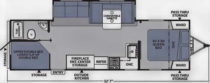 RV rental floor plan: 32'7" travel trailer with queen bed, bunk beds, kitchen, bath. Ideal interior layout.. Coachmen APEX 284BHSS 2025