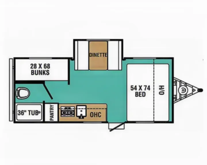 RV rental floor plan detailing interior layout: bed (54x74), dinette, kitchen, bath (36" tub), and bunks (28x68).. Forest River Viking 2018