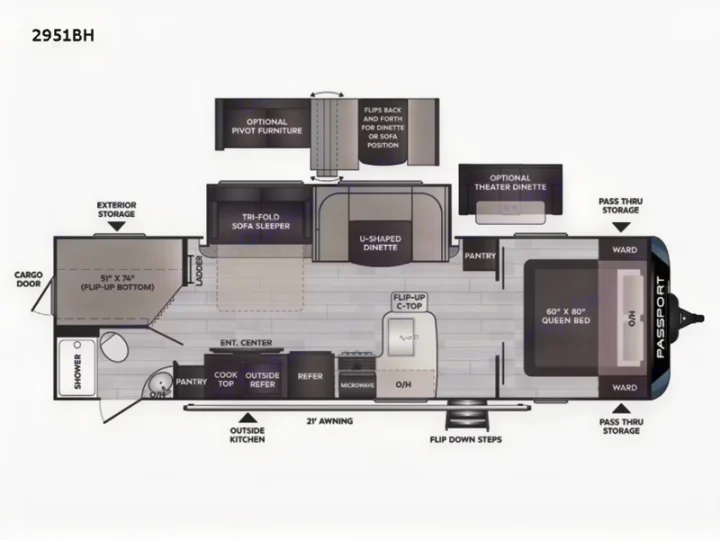 Passport 2951BH travel trailer RV floor plan for RV rental, detailing beds, kitchen & living areas.. Keystone RV Passport GT 2022