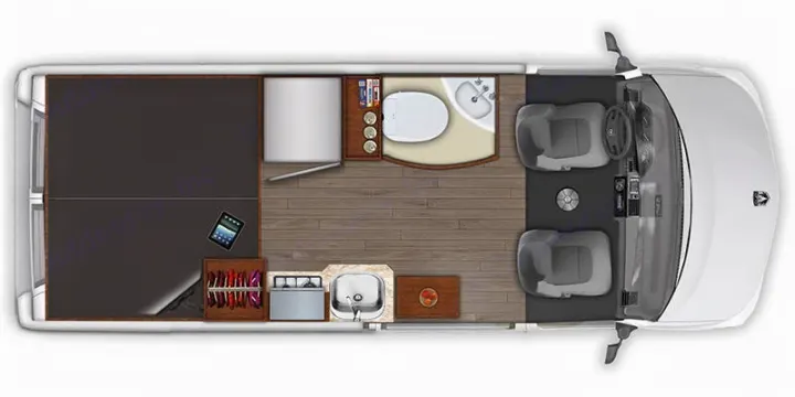 Overhead view of a compact RV rental interior. Shows cockpit, kitchen, bathroom, and bed/lounge area floor plan for easy travel.. Roadtrek Roadtrek Class B 2017
