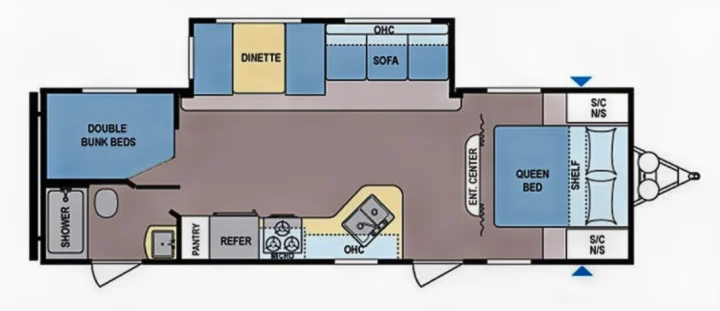 Spacious RV rental floor plan with queen bed, double bunks, dinette, kitchen, and full bath layout. Ideal for families.. Dutchmen Coleman Lantern 2017