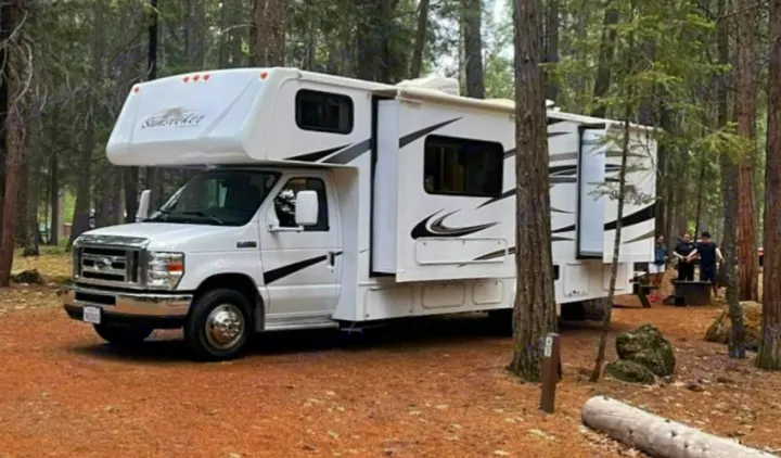 White Sunseeker RV rental parked at a serene forest campsite with people by a fire pit.. Forest River Sunseeker LE 2014