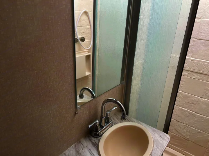 RV rental bathroom interior: A functional space with a sink, chrome faucet, mirror, and a textured glass shower.. Forest River Coachmen Freelander 2019