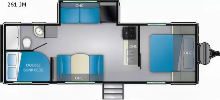 Top-down RV rental floor plan: includes main bed, double bunks, kitchen, bath, and living area. Great for family trips!. Heartland RVs Trail Runner 2020