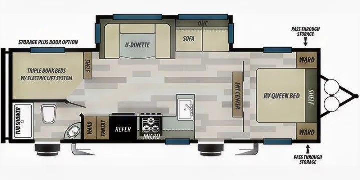 This RV rental floor plan details triple bunk beds, an RV queen bed, U-dinette, kitchen, bath, and ample storage.. Forest River Salem 2020
