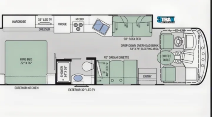 RV rental floor plan showing the interior layout: king bed, shower, kitchen, sofa, dinette, and cockpit areas.. Thor Hurricane 2018
