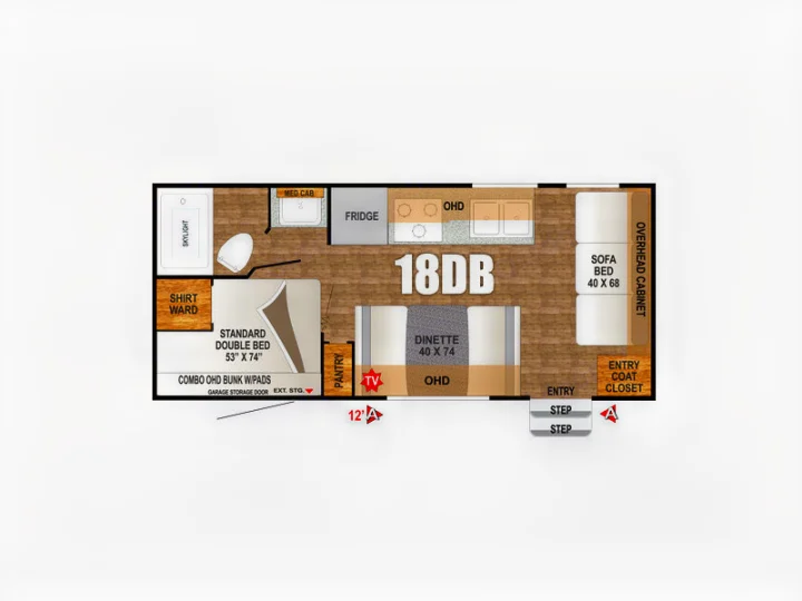 RV rental 18DB floor plan: This compact layout features a double bed, dinette, sofa bed, kitchen, and full bath.. Outdoors RV Blackrock 2017