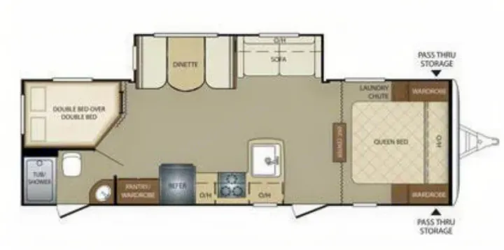 Detailed RV rental floor plan: queen bed, bunk beds, kitchen, dinette, bath, sofa, and ample storage.. Keystone RV Bullet Ultra Lite 2016