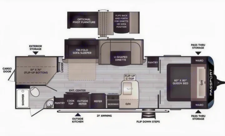 Detailed RV rental floor plan, featuring queen bed, dinette, kitchen (inside & outside), bath, and storage areas.. Keystone Passport 2022