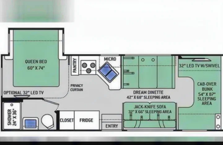 RV rental floor plan: queen bed, cab-over bunk, dinette, and sofa sleeping areas. View the full RV interior layout.. Thor Chateau 2019