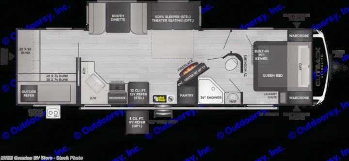 RV rental floor plan: 2022 Outback Ultralite. See interior layout with queen bed, bunks, kitchen, dinette, and bath.. Keystone Outback 2022