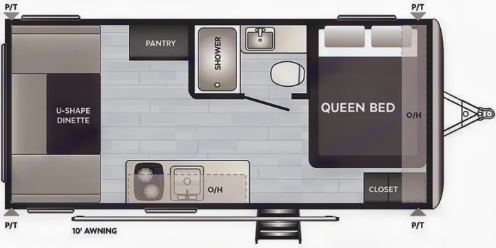 RV rental travel trailer floor plan featuring a U-dinette, kitchen, bath, and queen bed layout.. Keystone RV Springdale 2021