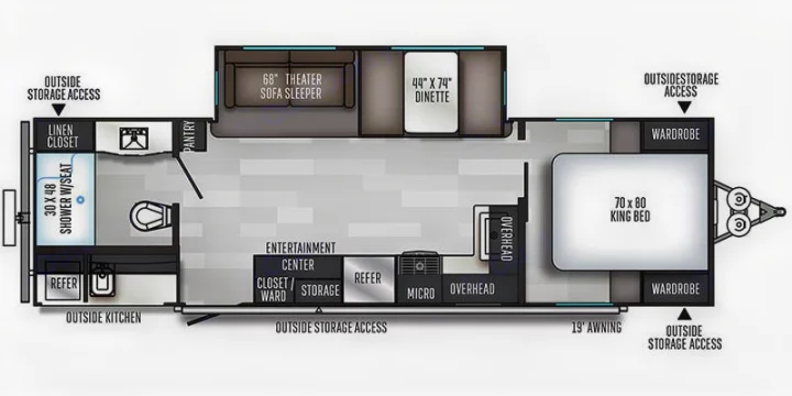 This RV rental floor plan displays a spacious interior layout with a king bed, theater sofa, dinette, full kitchen, and bathroom.. Palomino Solaire Ultra Lite 2020