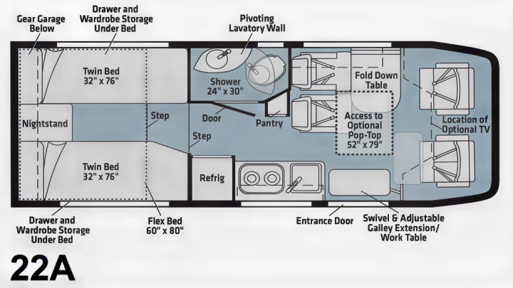 RV rental model 22A floor plan detailed: twin beds, kitchen, shower, flexible sleeping, and storage layout shown.. WINNEBAGO EKKO 2023