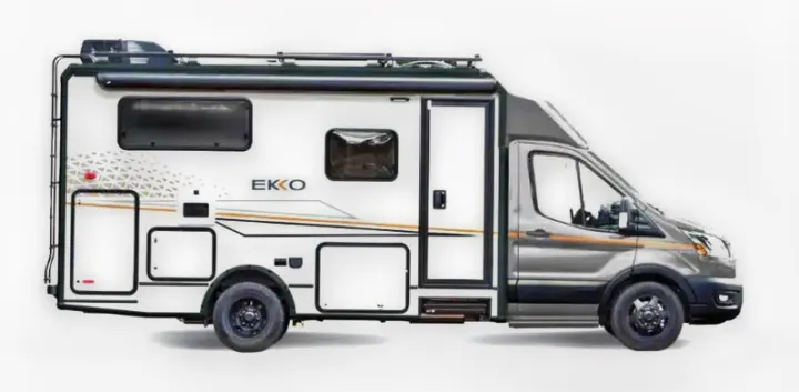 Side view of a modern white and gray EKKO RV rental, a compact motorhome for your next road trip.. WINNEBAGO EKKO 2023