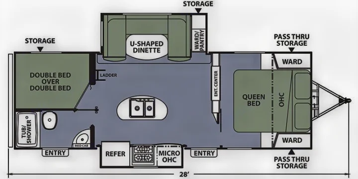 RV rental floor plan for a 28' travel trailer, featuring queen and bunk beds, U-shaped dinette, kitchen, and bath.. Coachmen Apex 2017