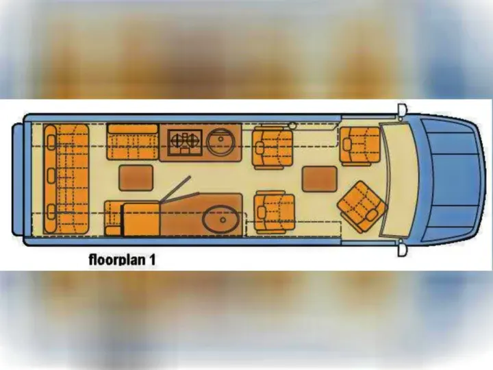 Explore this RV rental floorplan: a compact motorhome layout with a rear bed, mid kitchen/bath, and front lounge area.. Mercedes Sprinter 2015