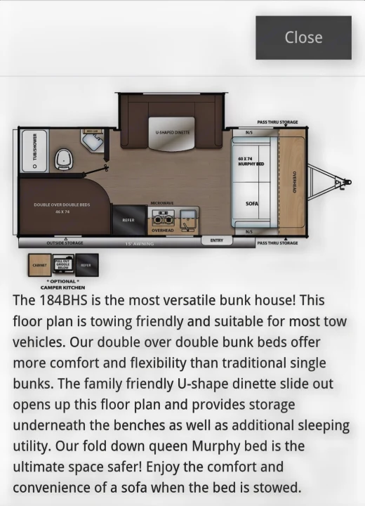 RV rental 184BHS floor plan: a versatile bunk house layout with double bunks, U-dinette, & queen Murphy bed.. Forest River Coachmen Catalina Summit 2022