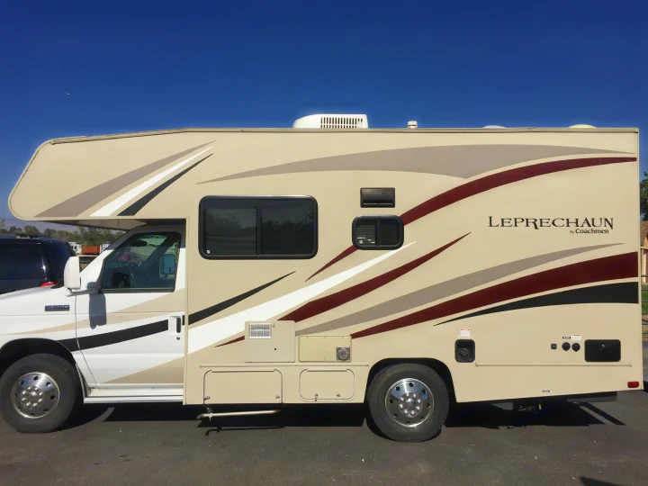 Spacious Class C RV rental, a beige Coachmen Leprechaun motorhome. Perfect for your next road trip adventure.. Forest River Coachmen Leprechaun 2017