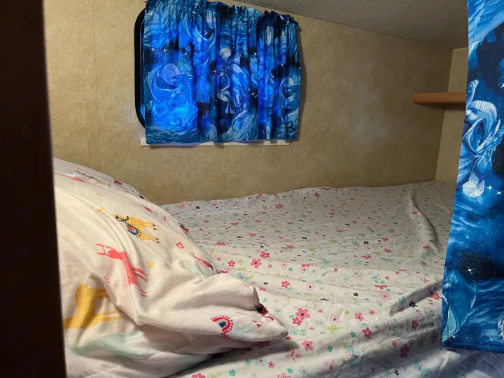 Cozy RV rental bunk bed with a vivid blue dragon curtain, floral sheets, and a playful animal-patterned pillow.. Winnebago Access 2008