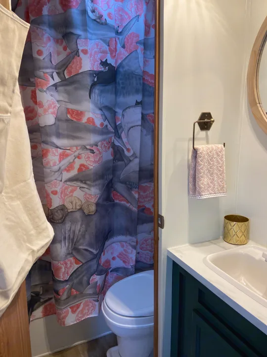 Inside an RV rental: a compact bathroom with a fun shark and cat shower curtain, sink, and toilet.. Jayco Jay Flight 2007