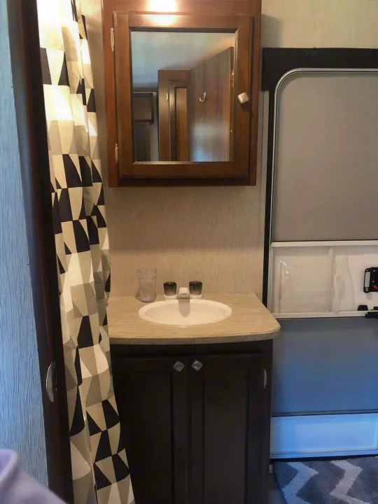 Inside a compact **RV rental** bathroom: sink, mirrored cabinet, geometric shower curtain, and entry door.. Heartland RVs Mallard 2019