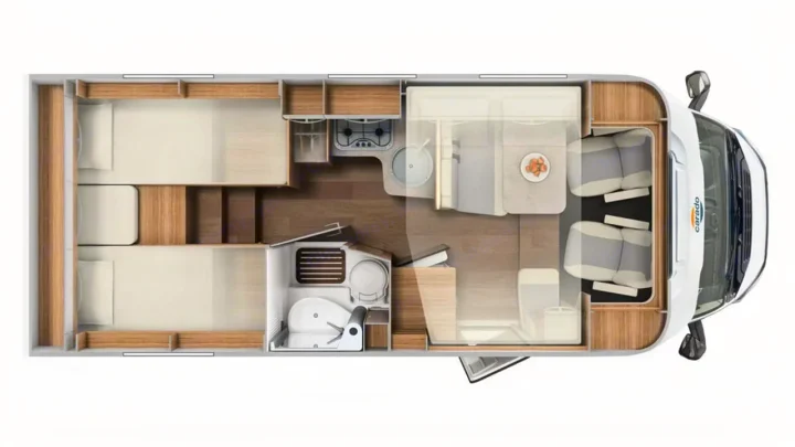 Top-down RV rental floor plan: this motorhome layout features bunks, kitchen, bathroom, and front seating area.. Carado T338 2022