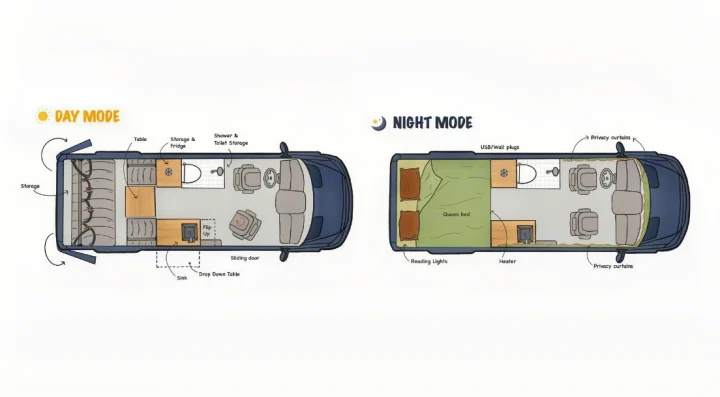RV rental floor plan: see day mode with seating/kitchen, then night mode with a queen bed. Compact, versatile travel.. Mercedes-Benz Sprinter 2021
