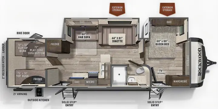 This RV rental floor plan details the interior layout: queen bed, bunks, dinette, kitchen, and bath, highlighting its spacious design.. Forest River Rockwood Ultra Lite 2021