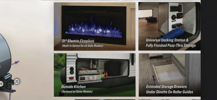 RV rental features: electric fireplace, docking station, outside kitchen, and extended dinette storage drawers.. Della Terra 312H Della Terra 2023