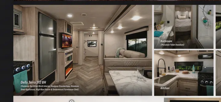 Experience luxury in this Della Terra 312 BH rv rental interior, featuring a modern kitchen, dining, living space, and bathroom.. Della Terra 312H Della Terra 2023