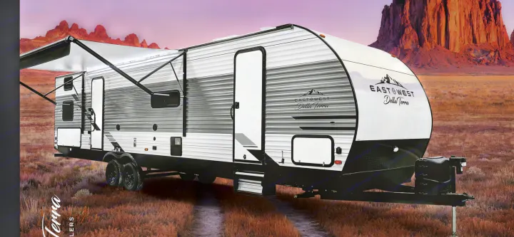 This East West Della Terra travel trailer rv rental, with an extended awning, is ready for scenic camping adventures.. Della Terra 312H Della Terra 2023