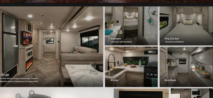 Detailed RV rental interior showing a modern kitchen, bathroom, king bed, bunk room, and spacious living area.. Della Terra 312H Della Terra 2023