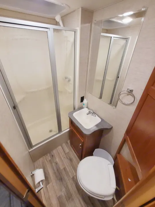 Compact RV rental bathroom: a shower with sliding doors, sink, mirror, toilet, and wood-look flooring are visible.. Winnebago Minnie Winnie 2018