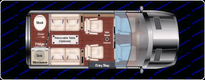 RV rental interior layout. Overhead plan details seating, kitchen (fridge, sink, microwave), optional table, and TV.. Ultimate Toys Ultimate Cruiser 2023
