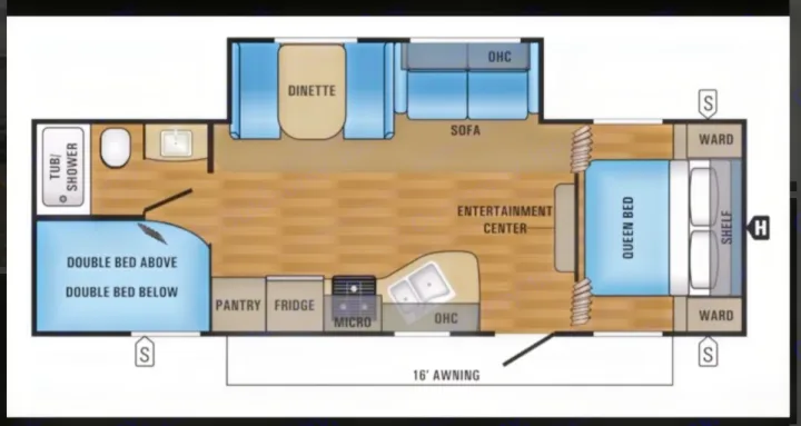 RV rental floor plan: Detailed interior layout shows queen bed, bunk beds, kitchen, bathroom, dinette, sofa, and 16' awning.. Jayco Jay Flight 2018