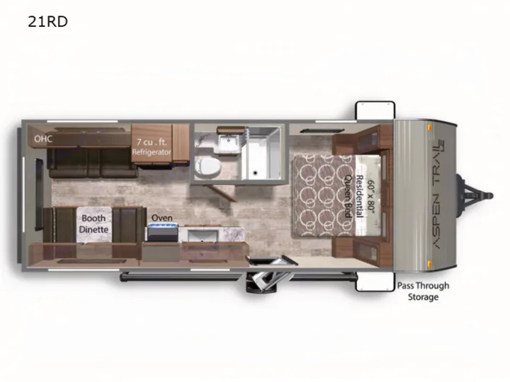 This RV rental floor plan shows a 21RD Aspen Trail model with a queen bed, dinette, kitchen, and bathroom.. Dutchmen Aspen Trail 2022