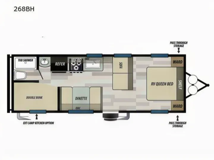 RV rental 268BH floor plan: double bunk, RV queen bed, sofa, dinette, kitchen, bath. Functional for travel.. Forest River EVO Select 268 BH 2022