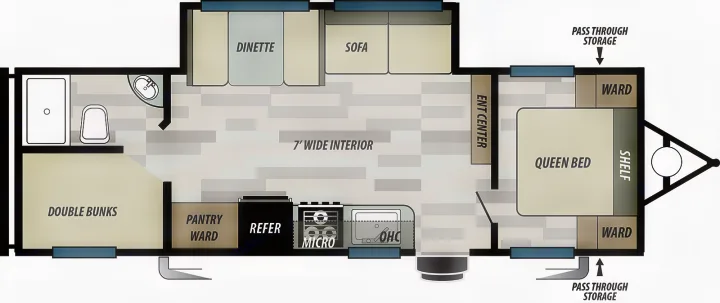 This RV rental floor plan shows the interior layout with a queen bed, double bunks, dinette, sofa, kitchen, bathroom, and storage areas.. Forest River Wildwood X-Lite 2023